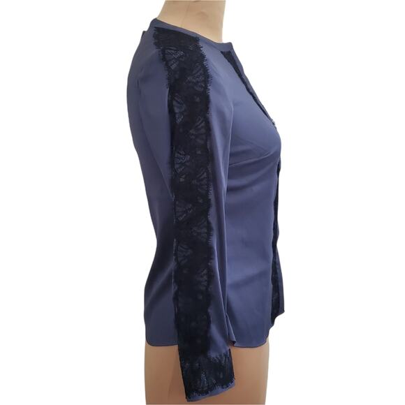 New with Tags Ann Taylor Button Up Shirt Blue with Black Lace Detail 4 Petite - Picture 2 of 10